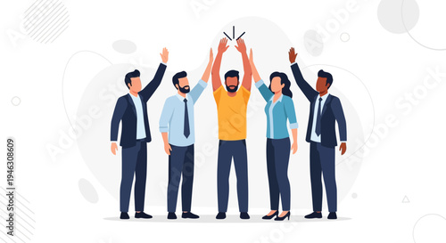 Diverse team celebrating success with high fives, teamwork and achievement concept