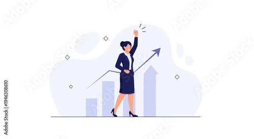 Businesswoman celebrating success with rising graph and arrow, symbolizing growth and achievement