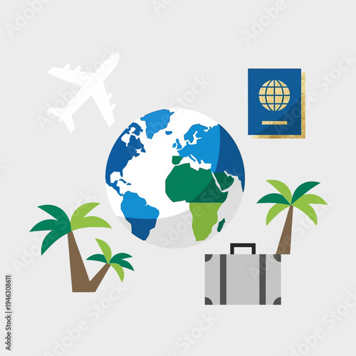 Travel and Vacation Concept: Globe, Airplane, Passport, Suitcase, Palm Trees