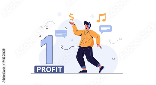 Man Dancing with Dollar Sign and Music Notes, Symbolizing Profit and Success
