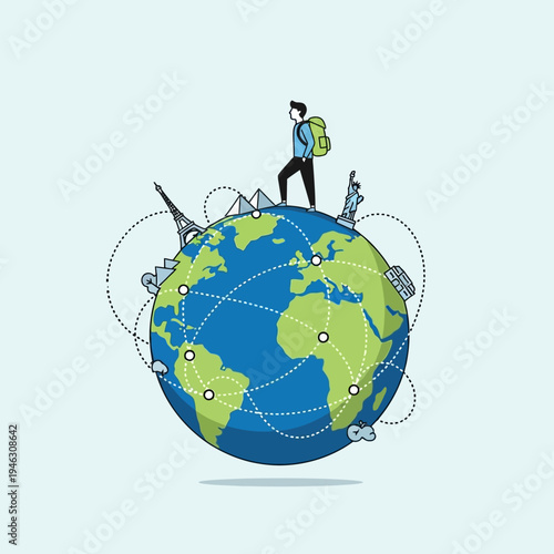 Traveler on globe with landmarks and flight paths, global tourism concept