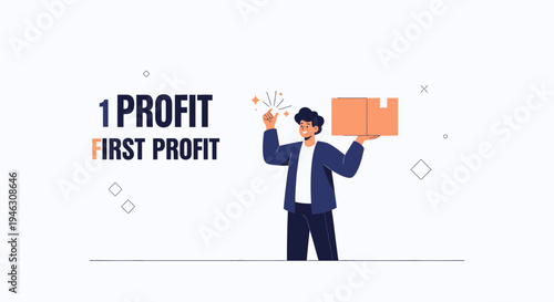 Man holding box with text 1 profit first profit, business concept