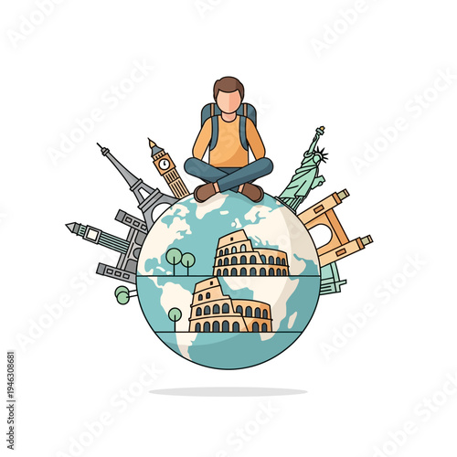 Traveler Sitting on Globe Surrounded by World Landmarks, Exploring Destinations