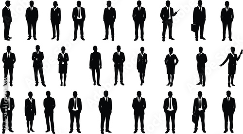 Business people silhouettes, corporate team vector, black professional icons, office staff figures, formal suit poses, business attire illustration, teamwork design elements