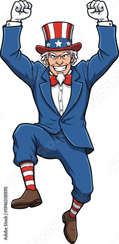 Uncle Sam Cartoon Character Actively Celebrating American Patriotism and National Pride