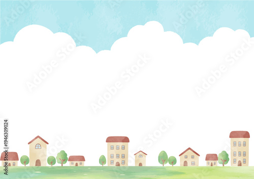 青空と雲の下に広がる街並みと家の風景背景｜街,家,住宅,空,自然