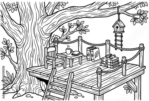 Wooden treehouse deck with cozy outdoor seating