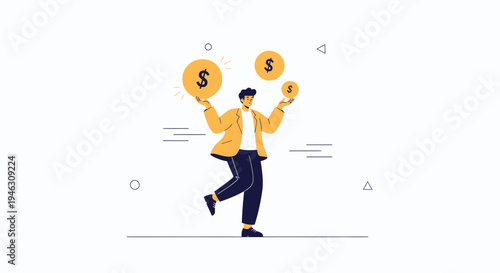 Man happily juggling golden dollar coins, symbolizing financial success and wealth.