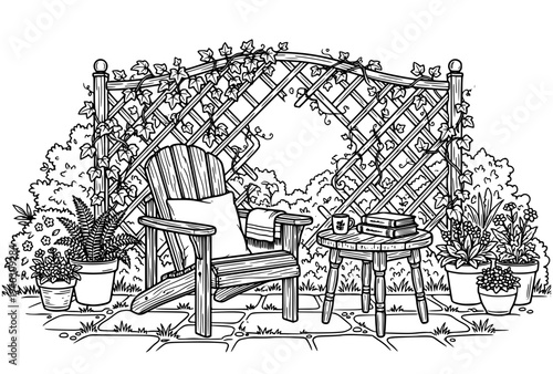 Garden arbor seating area with cozy chairs