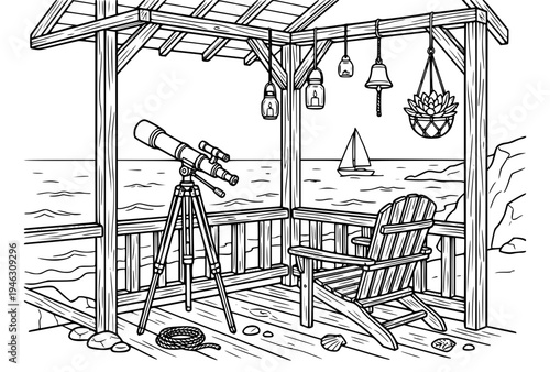 Cozy seaside patio with telescope relaxing view