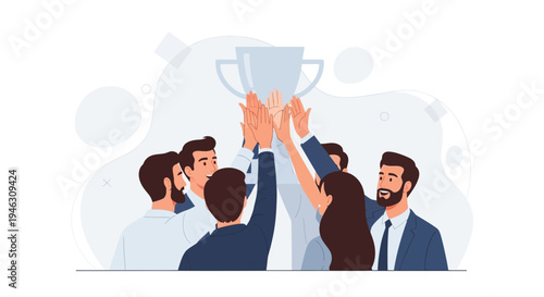Team celebrating success with a trophy, high five, teamwork, achievement, victory concept