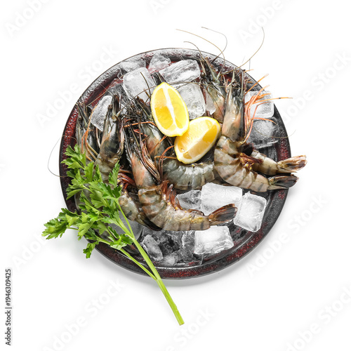 Plate with fresh raw shrimp...