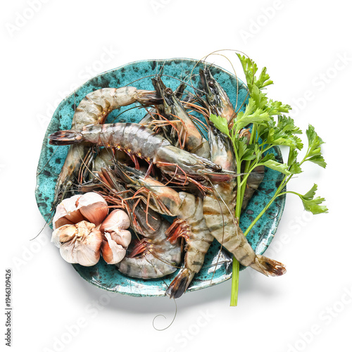 Plate with fresh raw shrimp...