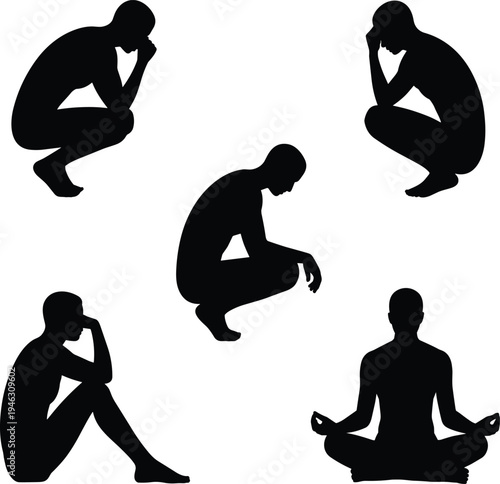 thinking and meditation human silhouette set with sitting squatting and reflective poses isolated black person vector illustration collection