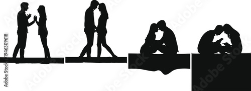 romantic couple silhouette set with talking hugging sitting and kissing poses isolated black love relationship vector illustration collection