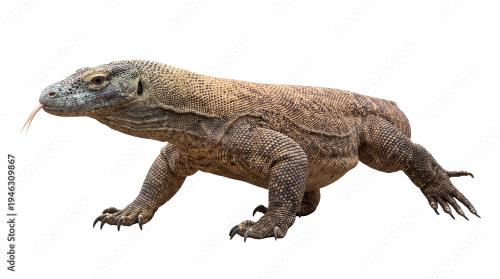 Fototapeta premium Komodo dragon, largest lizard, side profile on transparent, showcasing scaly skin, powerful build, and ancient features.