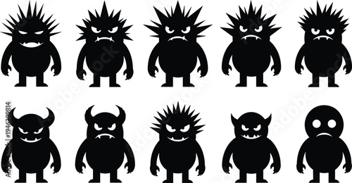 Cute monster silhouettes set, funny cartoon creature characters collection, spooky yet playful monster icons vector for halloween design