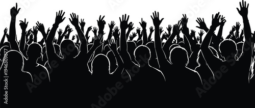 Crowd of cheering people raising hands in celebration, silhouette illustration of happy audience at concert, festival, or public event.