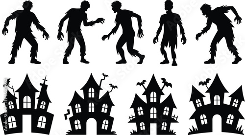 Halloween zombie silhouettes and haunted house set spooky undead characters creepy horror buildings bats black vector illustration collection