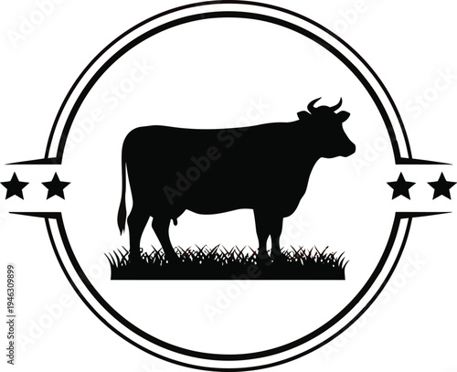 Black and white circular emblem features a detailed bovine silhouette standing above grass inside a decorative border.