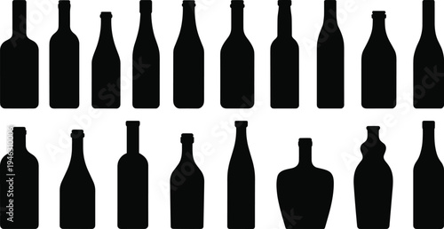 wine bottle silhouette set various glass bottle shapes alcohol beverage container black vector illustration collection isolated design elements
