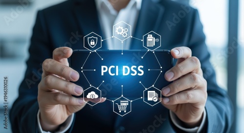 Wallpaper Mural PCI DSS Compliance Concept: Businessman Demonstrates Data Security Standards on Smartphone, Shielding Customer Payment Information Torontodigital.ca