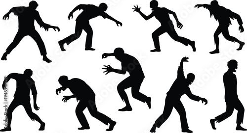 zombie silhouette set walking running attacking undead horror characters halloween monster black vector illustration collection isolated design elements