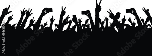 Crowd of cheering people raising hands in celebration, silhouette illustration of happy audience at concert, festival, or public event.
