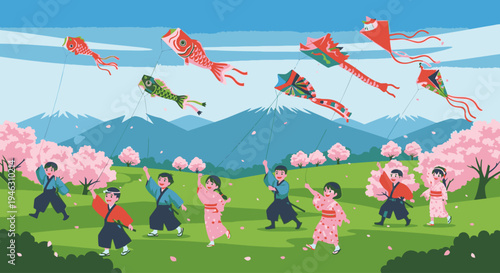 Illustration of children flying kites in a field with cherry blossoms and mountains in the background on a sunny day.