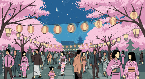 Vibrant nighttime scene of people in traditional clothing walking under pink cherry blossom trees with paper lanterns in a serene outdoor setting.