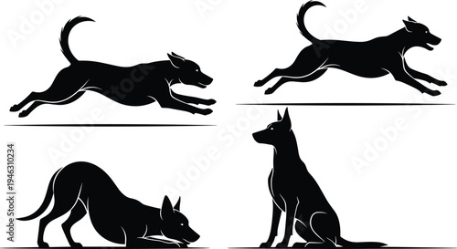 German shepherd dog silhouettes set, running jumping sitting sniffing canine poses vector collection for pet logo mascot design