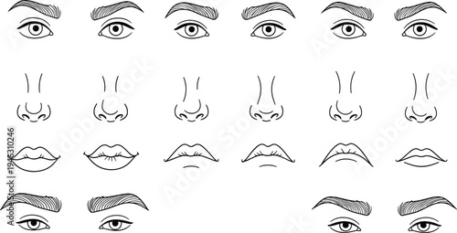 Hand drawn facial features set, eyes noses lips eyebrows vector line art collection for character design illustration reference pack bundle