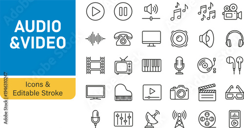 Minimalist black line icon set showcasing audio and video technology elements including music, sound, film, broadcasting, and multimedia devices for modern digital design projects.