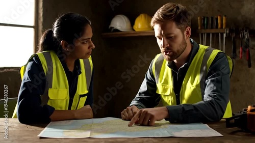 Two engineers discussing construction plans.