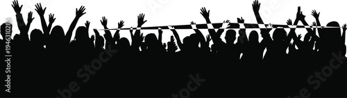 Crowd silhouette, cheering people vector illustration, audience raising hands, celebration party scene, concert festival crowd, black isolated group of fans