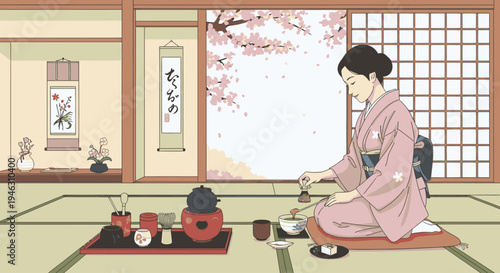 Woman in traditional Japanese kimono sitting on tatami mat preparing green tea in a serene Japanese room with shoji screens and cherry blossoms.