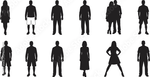 Silhouettes of twelve diverse human figures in varied postures and outfits, ideal for identity visuals, fashion design, and vector-based character modeling.