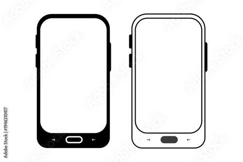 Two modern smartphone vector illustrations featuring a solid black silhouette and an outline version, complete with navigation buttons for app design and technology concepts.