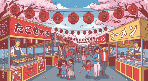 Vibrant illustration of a Japanese food market with people and food stalls under blooming cherry blossoms and lanterns.
