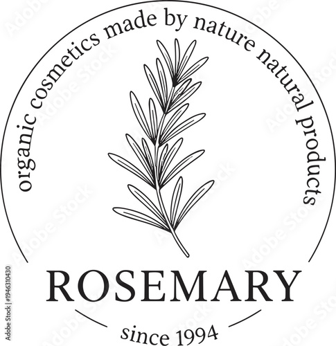 Minimalist circular logo design featuring rosemary sprig illustration, organic cosmetics branding, natural product identity, eco-friendly skincare emblem, 