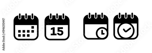 Four minimalist black and white calendar icons display scheduling, planning, appointments, and task completion, including a specific date. Ideal for digital interfaces.