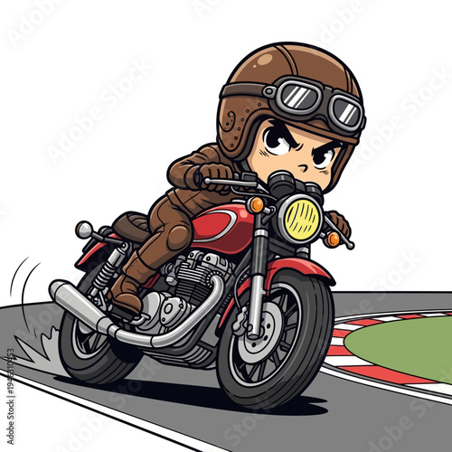 A cartoon character riding a motorcycle.
