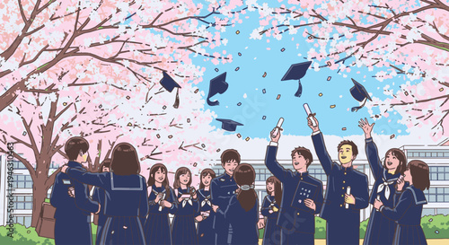 Illustration of a group of young adults in graduation attire throwing caps in the air under blooming cherry blossom trees on a sunny day.