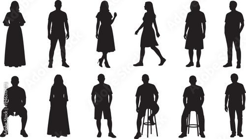 Silhouettes of twelve diverse individuals in various poses and outfits, including seated and standing figures, showcasing fashion, posture, and lifestyle representation for creative design use.