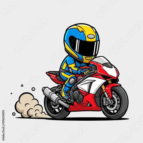 a cartoon motorcycle rider in motion.