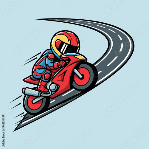 Rider on red motorcycle racing down road.
