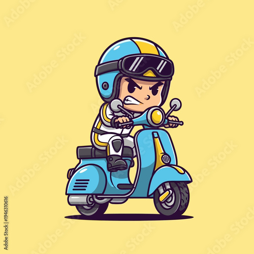 Angry cartoon character riding blue scooter.