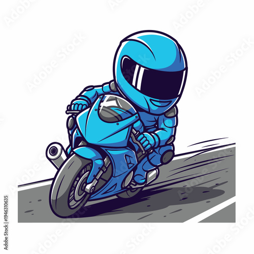 Motorcyclist in blue racing gear speeding.