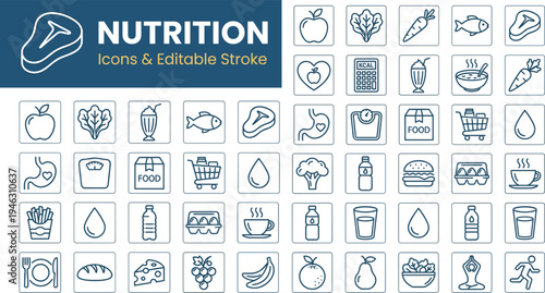 Nutrition icons collection with editable stroke featuring fruits, vegetables, proteins, beverages, wellness, fitness, calorie tracking, and healthy lifestyle graphics for modern diet, health, and educ