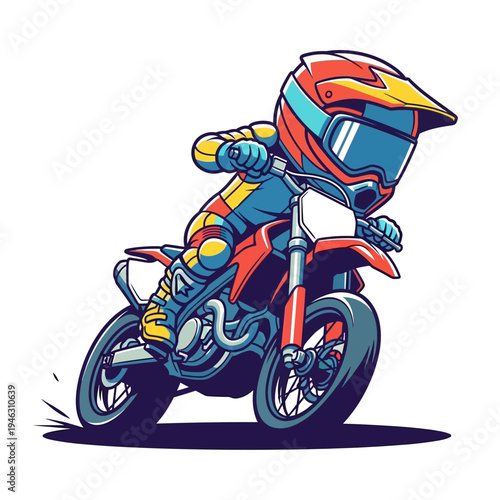 A cartoon motorcycle rider in action.